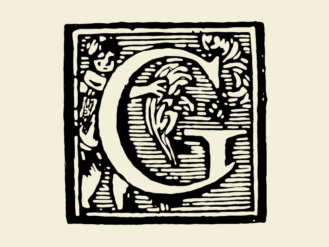 Processed scan of a print of a letter G.